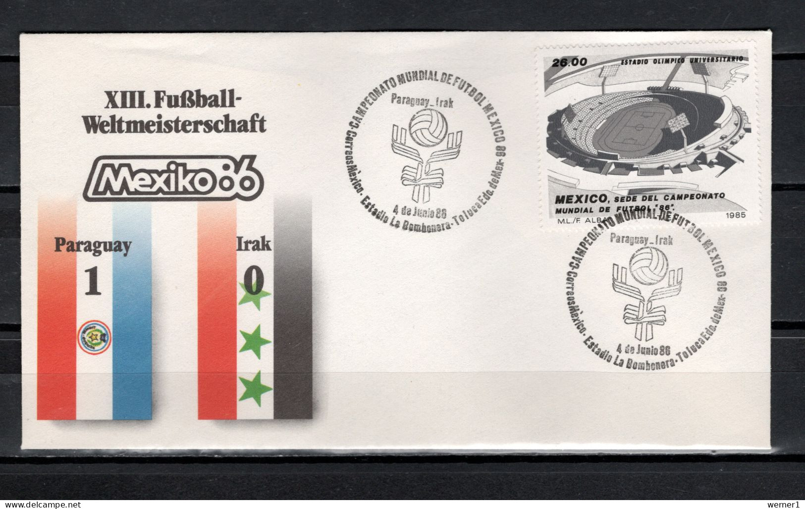 Mexico 1986 Football Soccer World Cup Commemorative Cover Match Paraguay - Iraq 1 : 0 - 1986 – Mexico