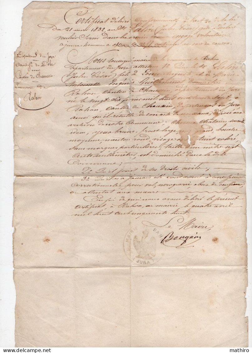RAHON - Certificat De Moralité Délivré Par Le Maire, M. Bongain, Au Sieur Lalire Jules En 1858 - Manuscripten