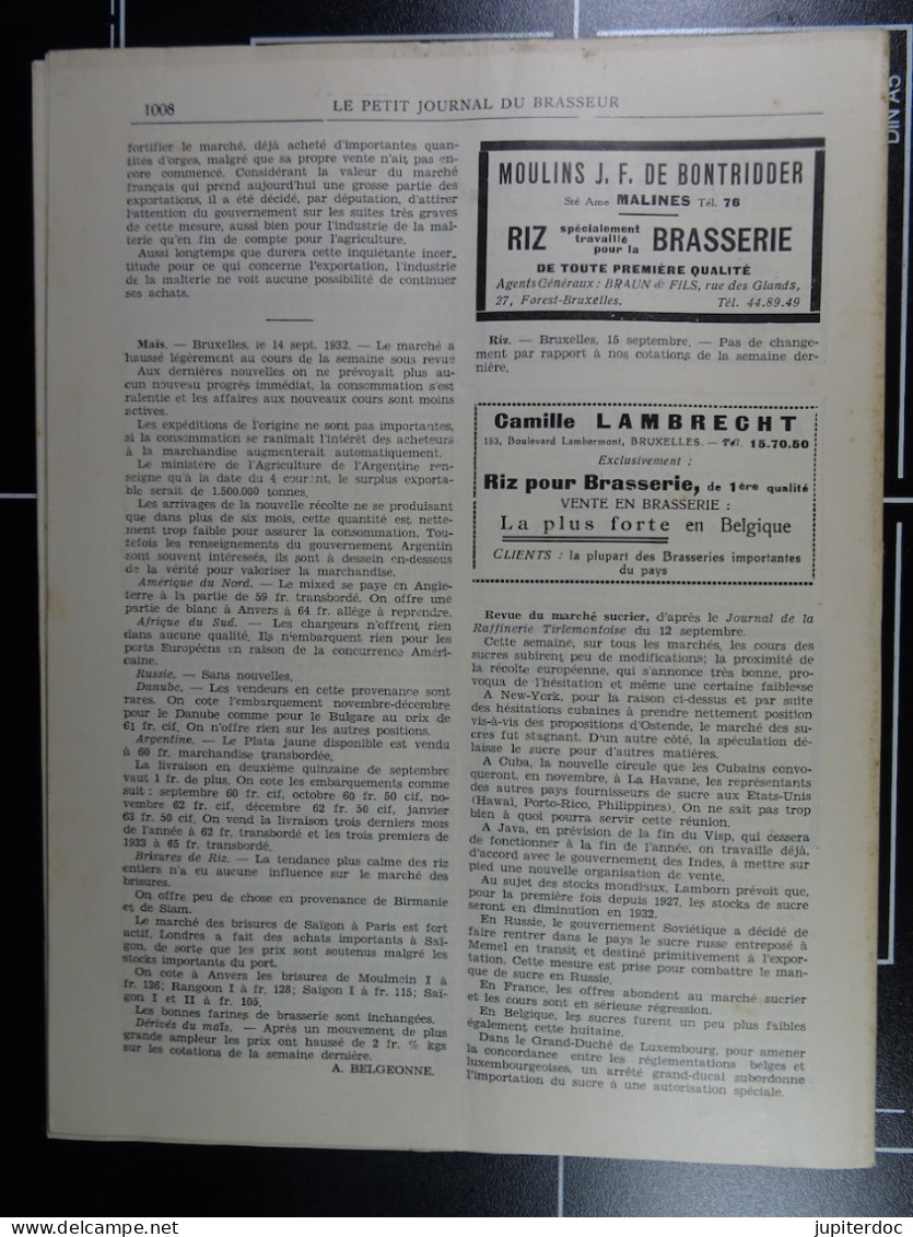 Le Petit Journal Du Brasseur N° 1691 De 1932 Pages 986 à 1008 Brasserie Belgique Bières Publicité Matériel Brassage - 1900 - 1949