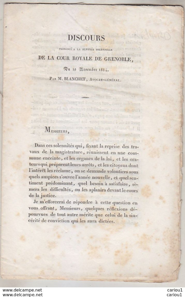 C1 DAUPHINE Blanchet DISCOURS RENTREE COUR ROYALE De GRENOBLE 1834 PORT INCLUS - 1801-1900