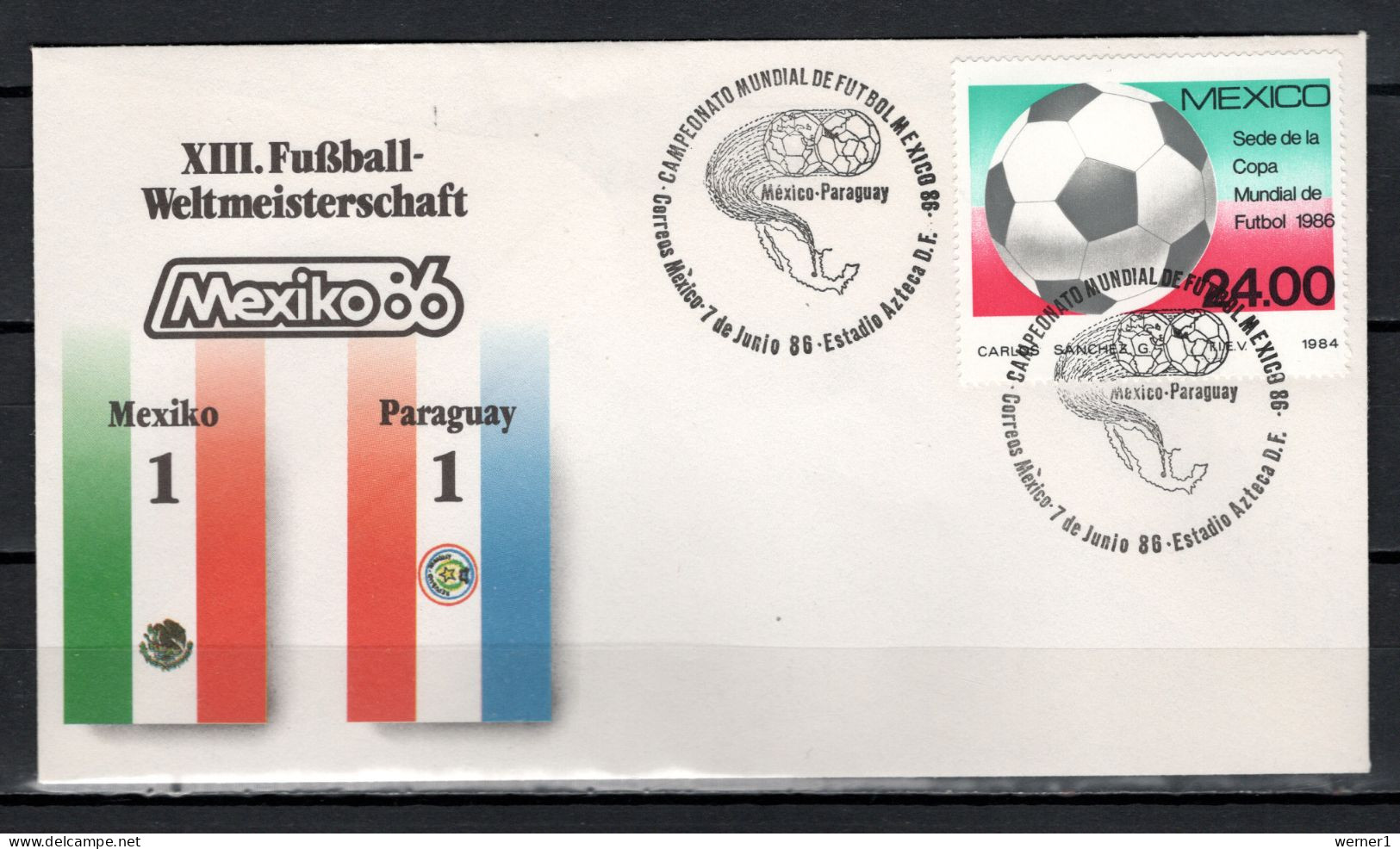 Mexico 1986 Football Soccer World Cup Commemorative Cover Match Mexico - Paraguay 1 : 1 - 1986 – Mexiko