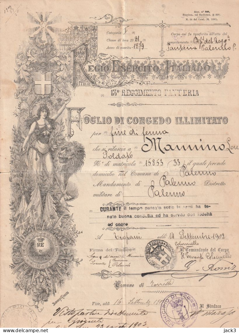 FOGLIO DI CONGEDO ILLIMITATO - XIII REGGIMENTO FANTERIA - PALERMO / TRAPANI 1902 - Documenten