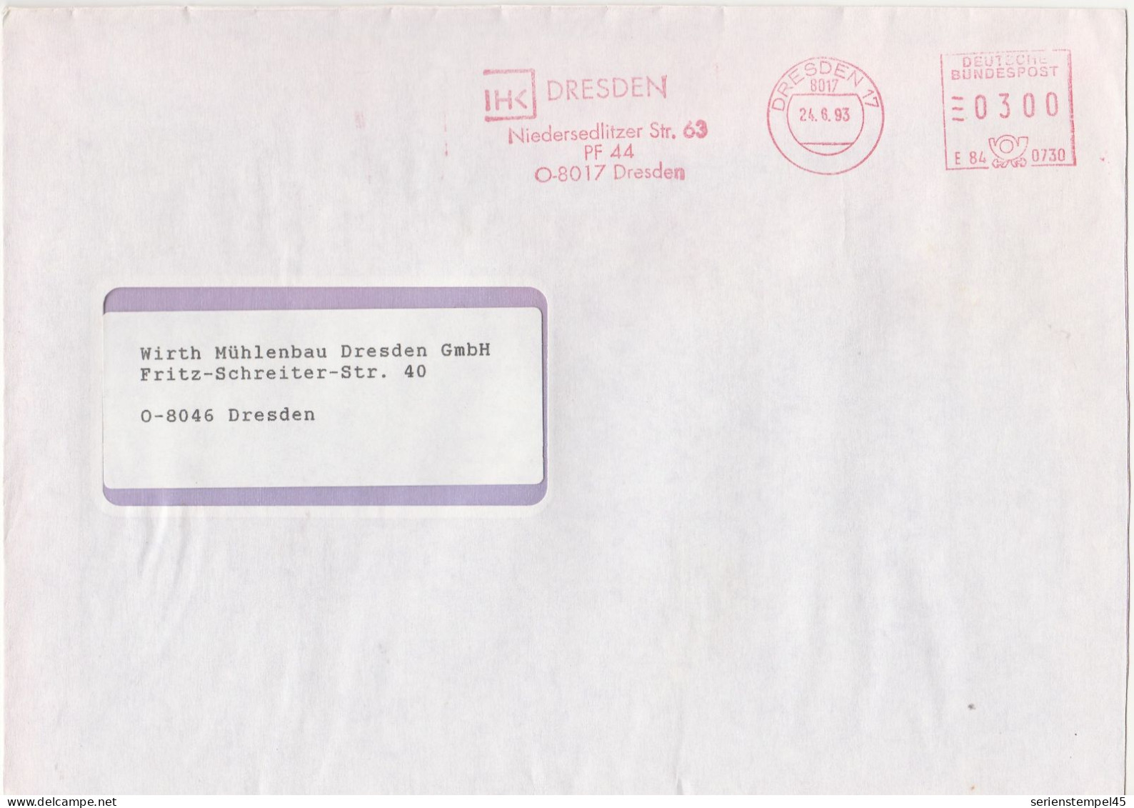 Deutsche Bundespost Brief Mit Freistempel VGO PLZ Oben Dresden 17 1993 IHK Dresden - Frankeermachines (EMA)
