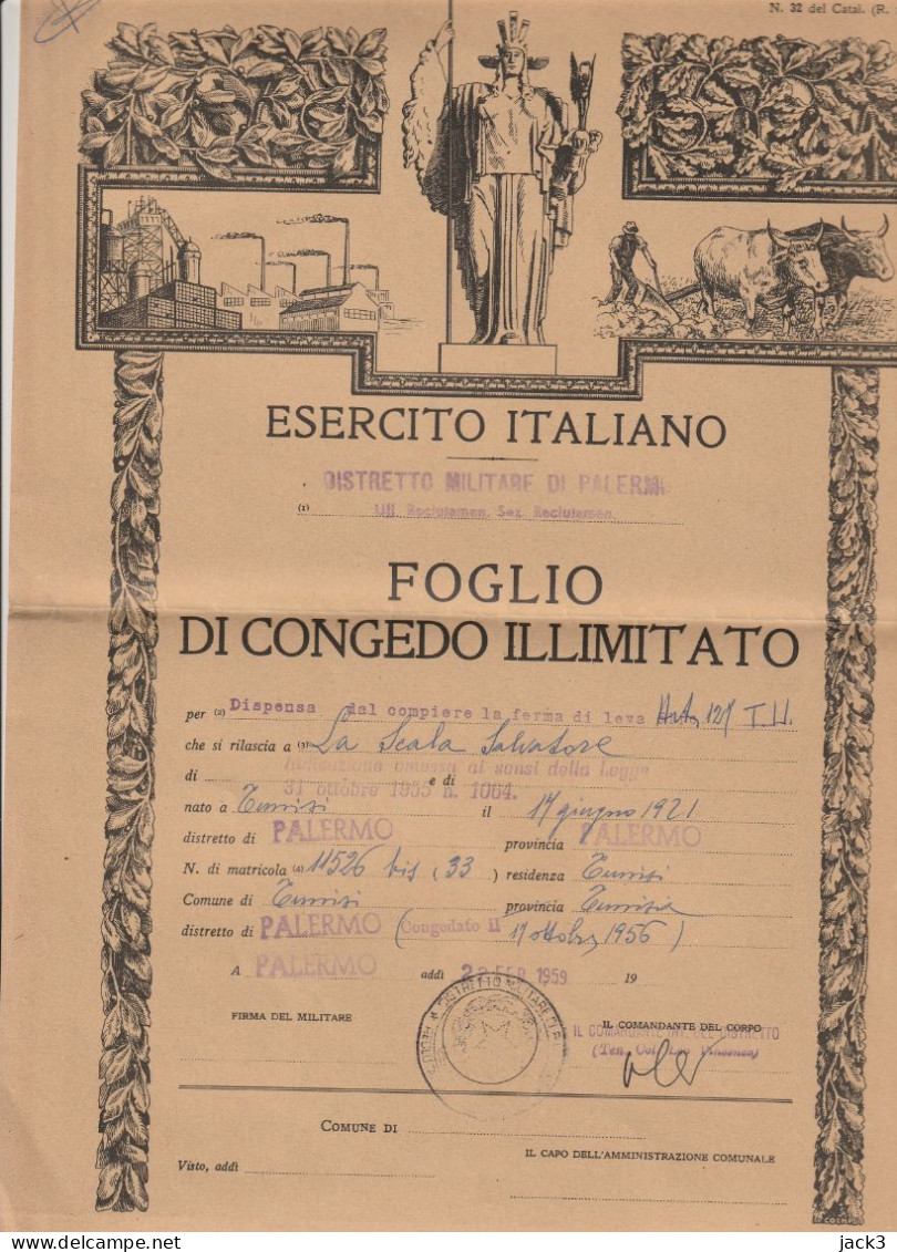 FOGLIO DI CONGEDO ILLIMITATO - ESERCITO ITALIANO - TERRASINI (PALERMO) 1956 - Documents
