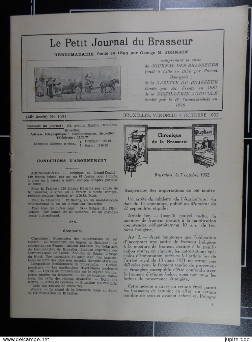 Le Petit Journal Du Brasseur N° 1694 De 1932 Pages 1066 à 1096 Brasserie Belgique Bières Publicité Matériel Brassage - 1900 - 1949