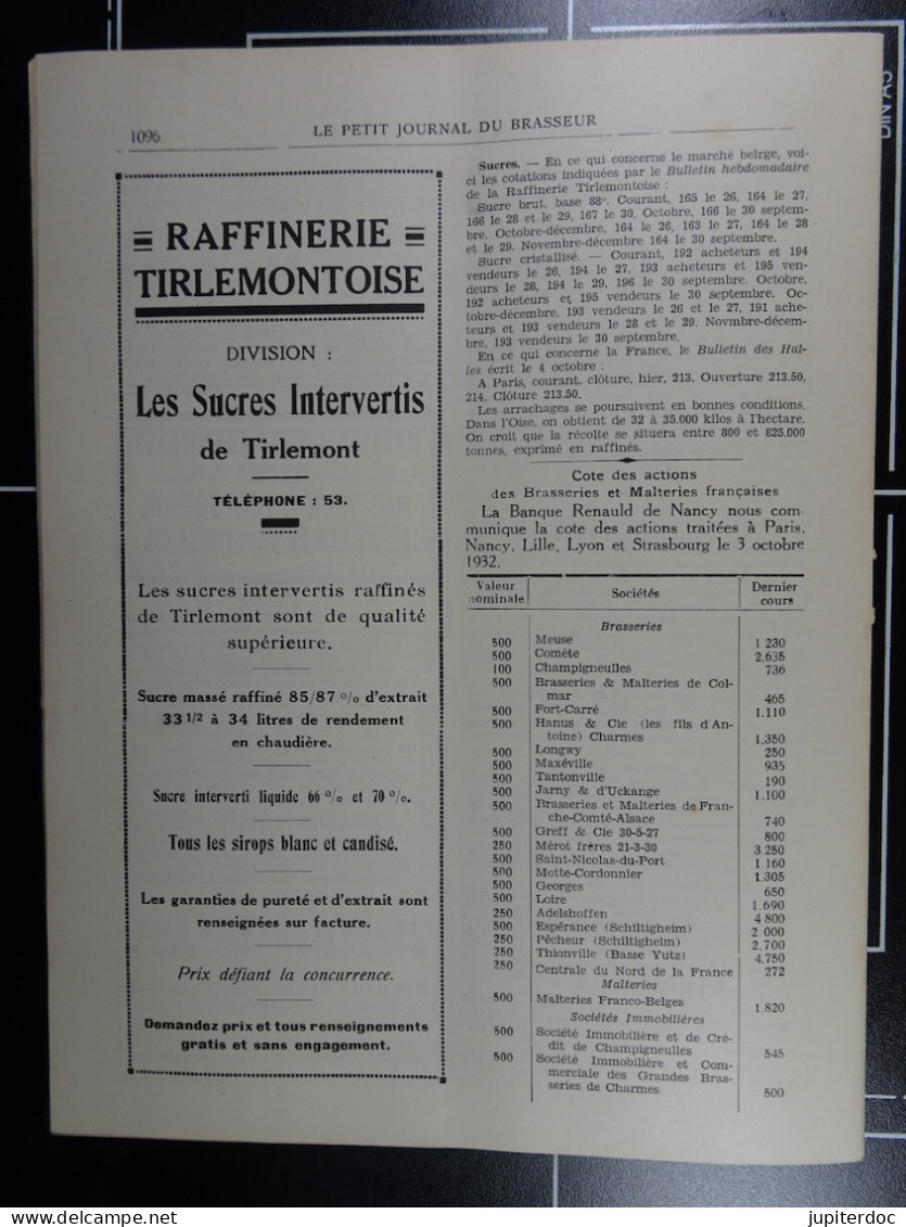 Le Petit Journal Du Brasseur N° 1694 De 1932 Pages 1066 à 1096 Brasserie Belgique Bières Publicité Matériel Brassage - 1900 - 1949