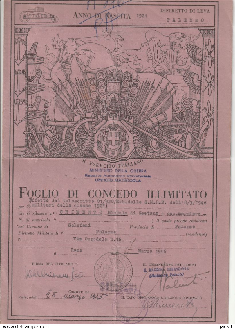 FOGLIO DI CONGEDO ILLIMITATO - ESERCITO ITALIANO - MINISTERO DELLA GUERRA - SCLAFANI (PALERMO) 1946 - Documenten
