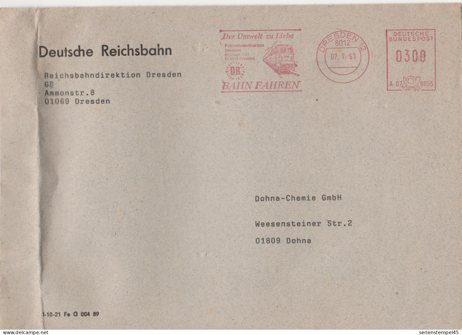 Deutsche Bundespost Brief Mit Freistempel VGO PLZ Oben Dresden 1993 Deutsche Reichsbahn Motiv Eisenbahn A07 9855 - Frankeermachines (EMA)