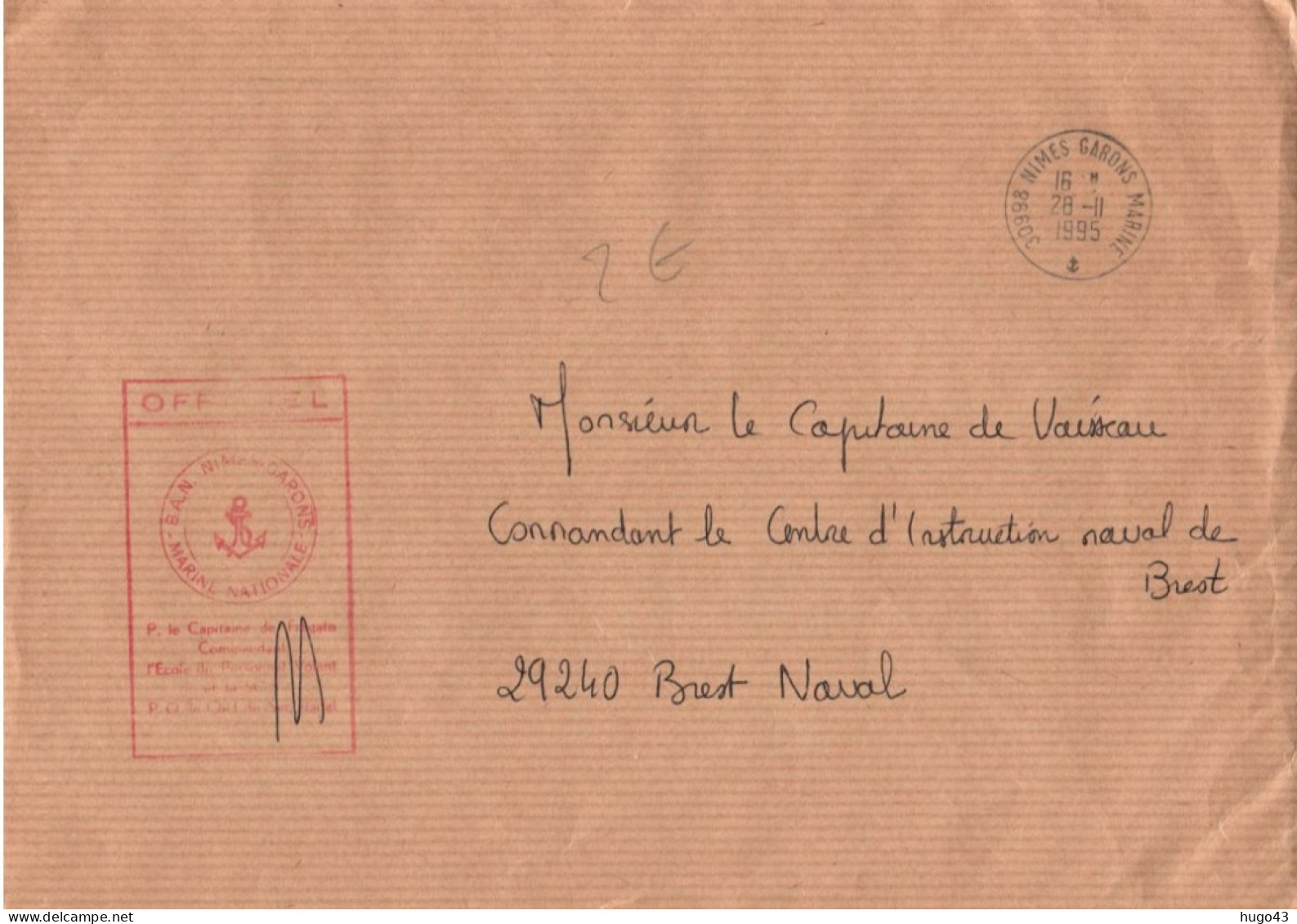 ENVELOPPE AVEC CACHET DU CAPITAINE DE FREGATE COMMANDANT - B.A.NIMES GARDON - GF - Poste Navale