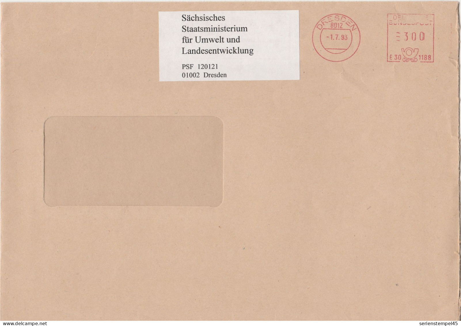 Deutsche Bundespost Brief Mit Freistempel VGO PLZ Oben Dresden 1993 Sächsisches Staatsministerium E30 1188 Mit Überklebe - Máquinas Franqueo (EMA)