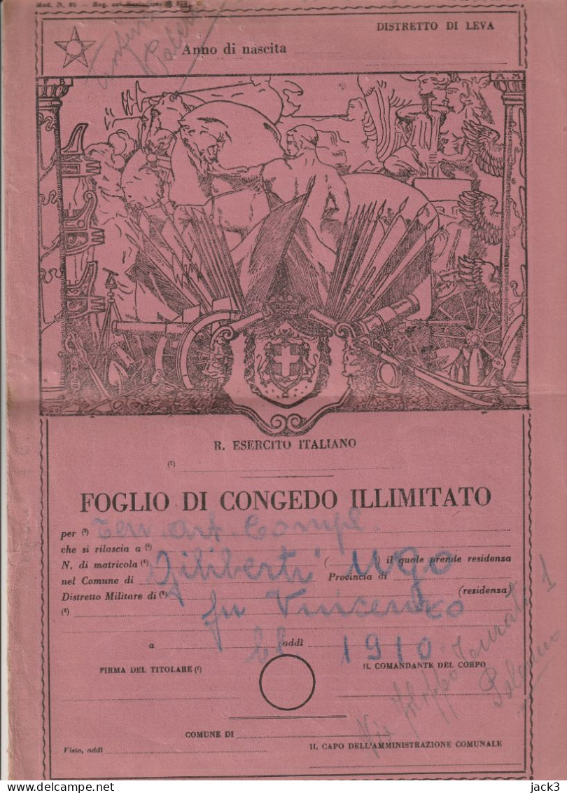 FOGLIO DI CONGEDO ILLIMITATO - REGIO ESERCITO ITALIANO - PALERMO  1910 - Documents