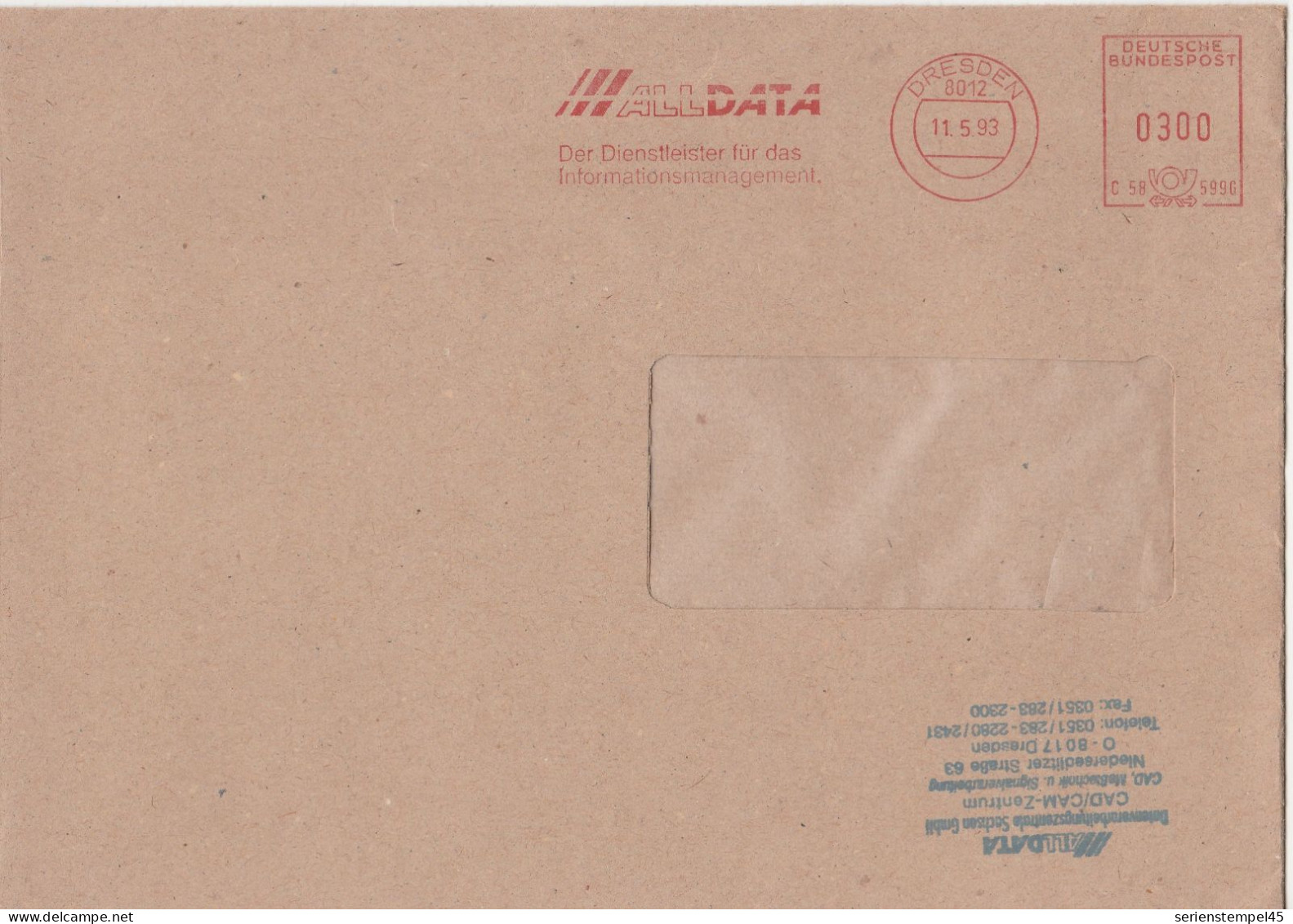 Deutsche Bundespost Brief Mit Freistempel VGO PLZ Oben Dresden 1993 All DATA C58 599G - Frankeermachines (EMA)