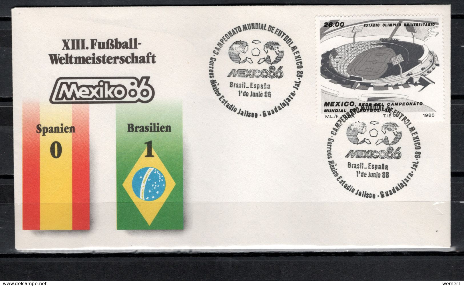Mexico 1986 Football Soccer World Cup Commemorative Cover Match Spain - Brazil 0 : 1 - 1986 – Mexiko
