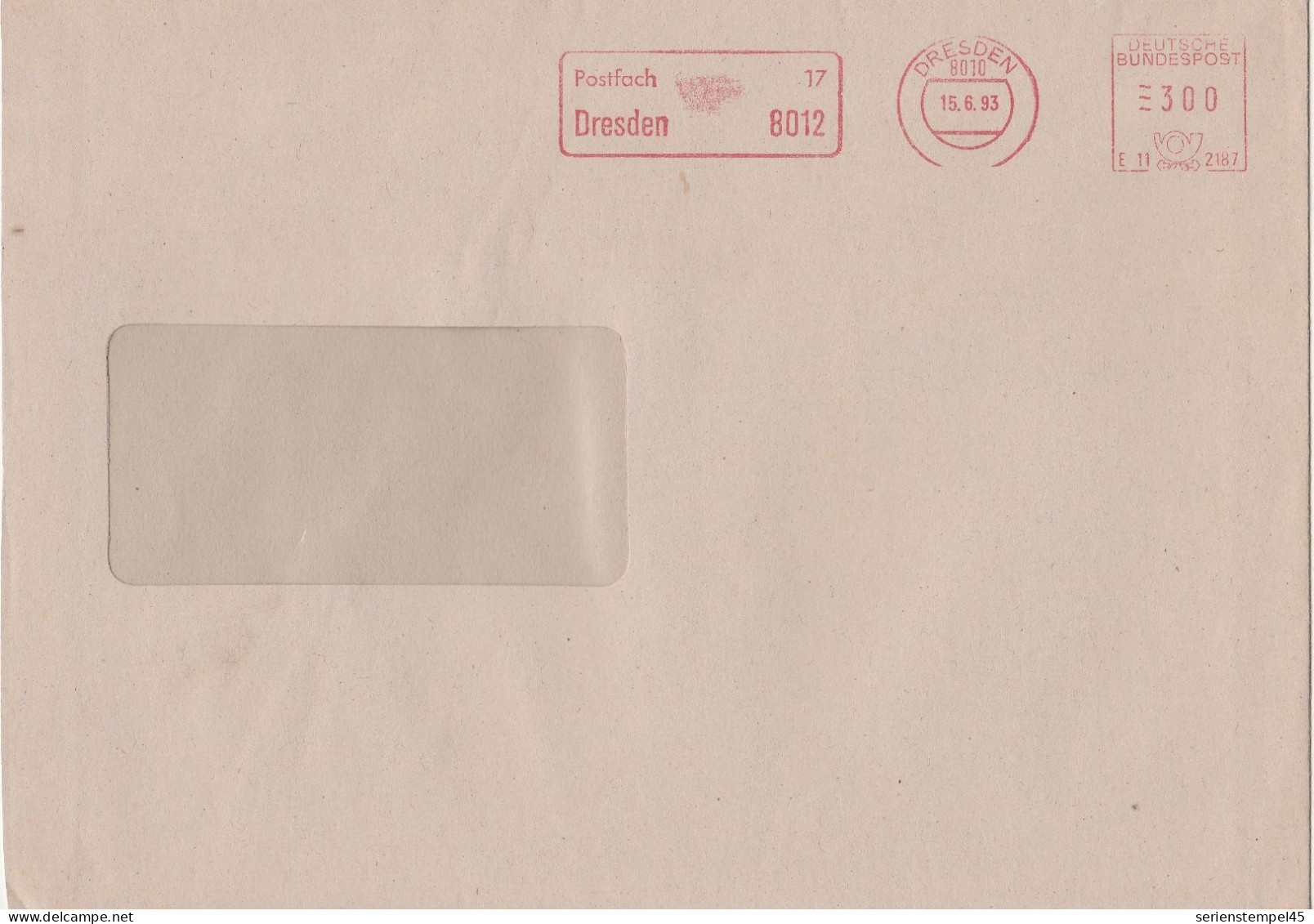 Deutsche Bundespost Brief Mit Freistempel VGO PLZ Oben Dresden 1993 Postfach 17 E11 2187 - Franking Machines (EMA)