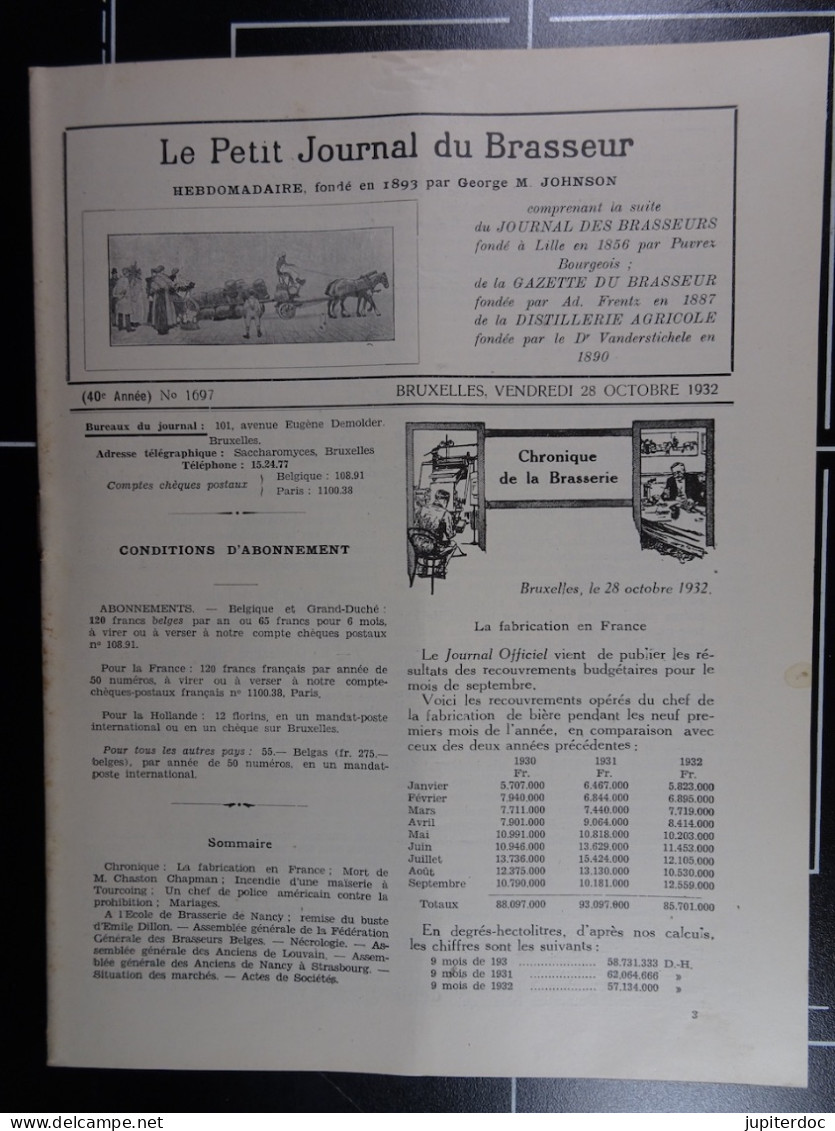 Le Petit Journal Du Brasseur N° 1697 De 1932 Pages 1162 à 1192 Brasserie Belgique Bières Publicité Matériel Brassage - 1900 - 1949