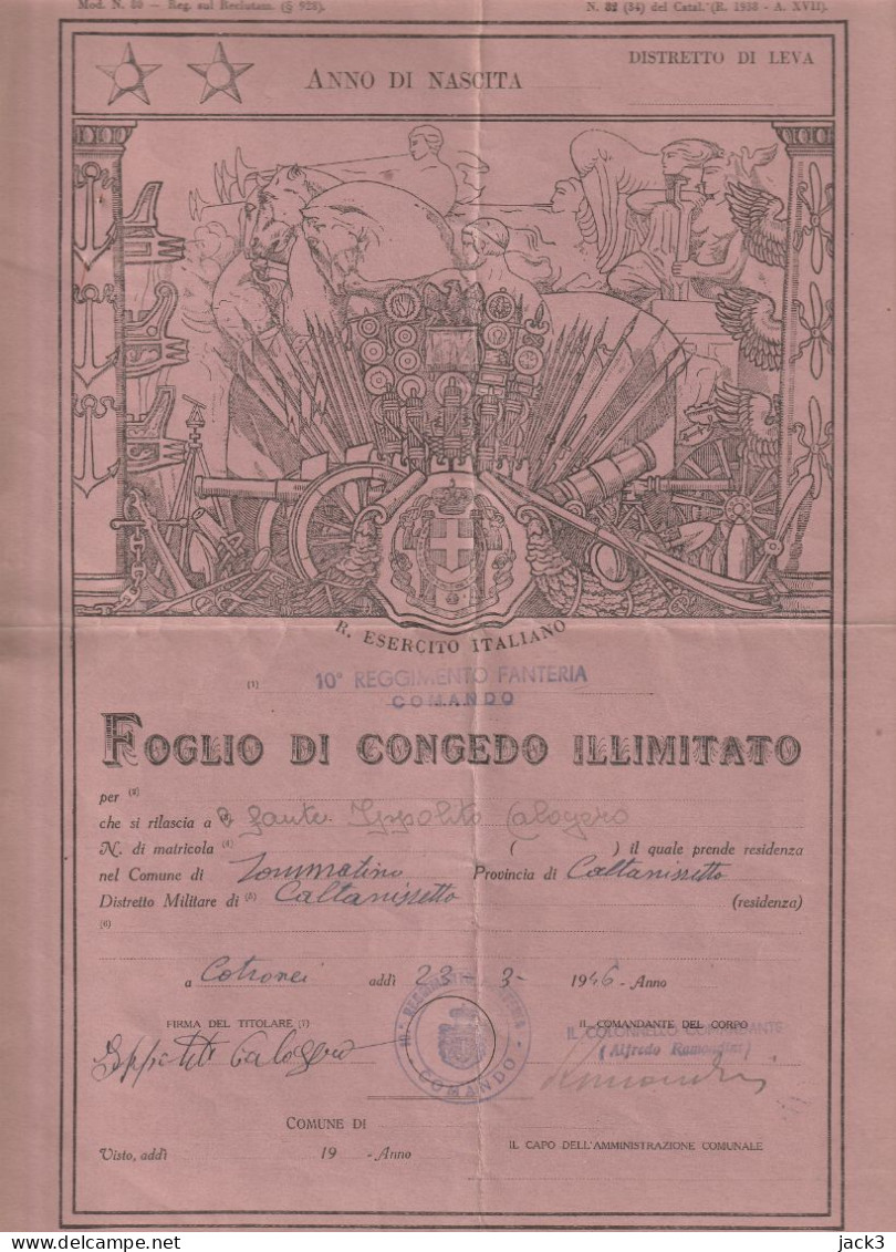 FOGLIO DI CONGEDO ILLIMITATO - X REGGIMENTO FANTERIA COMANDO - SOMMATINO (CALTANISSETTA) 1946 - Documenten