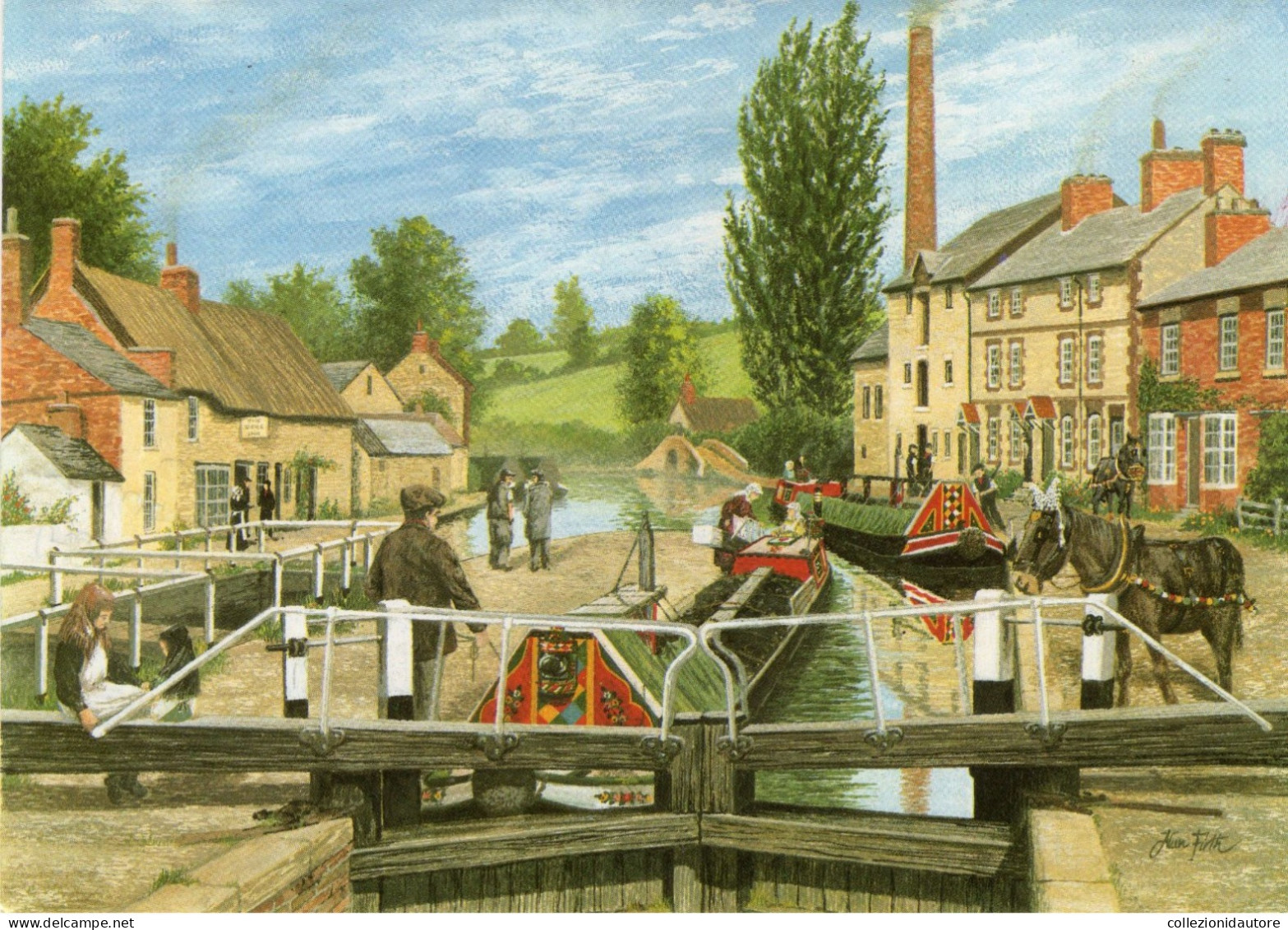 TOP LOCK - STOKE BRUERNE - GRAND UNION CANAL DA UN DIPINTO DI ALAN FIRTH - MISURA CHIUSO 10,5X15 CM. - APERTO 21X15 CM. - Comercio