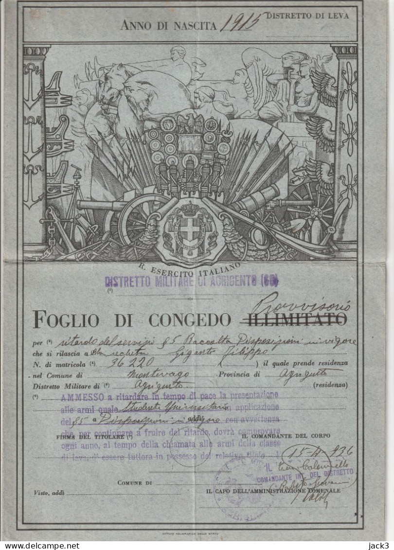 FOGLIO DI CONGEDO PROVVISORIO - R. ESERCITO ITALIANO - DISTRETTO MILITARE AGRIGENTO - MONTEVAGO  1936 - Documents