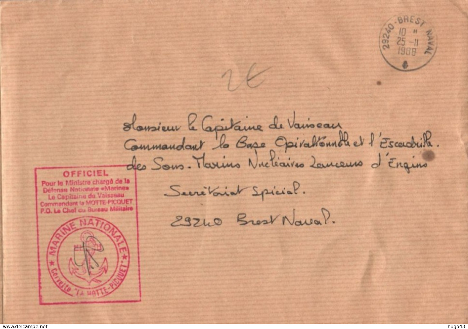 ENVELOPPE AVEC CACHET DE LA CORVETTE LA MOTTE PICQUET LE 25/11/1988  - BREST NAVAL GF - Seepost