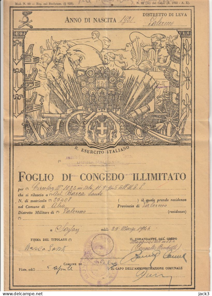 FOGLIO DI CONGEDO ILLIMITATO - R. ESERCITO ITALIANO - ALIA (PALERMO)  1946 - Documenti