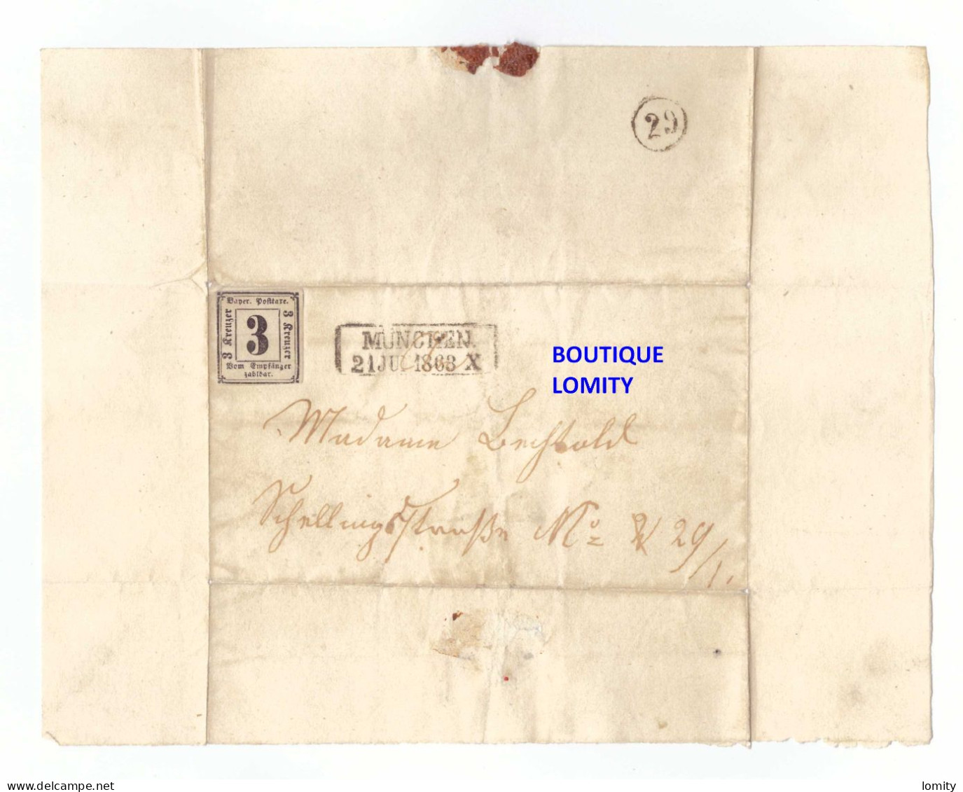 Allemagne Baviere Lettre Brief Cover Letter Cachet Munchen 1863 Timbre Taxe N°1 Cote Y&T 1250€ - Covers & Documents