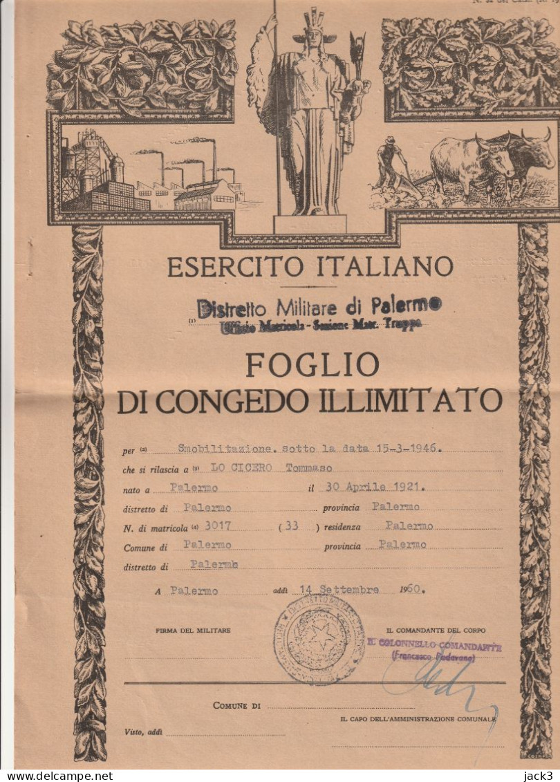 FOGLIO DI CONGEDO ILLIMITATO - ESERCITO ITALIANO - PALERMO  1960 - Documenten