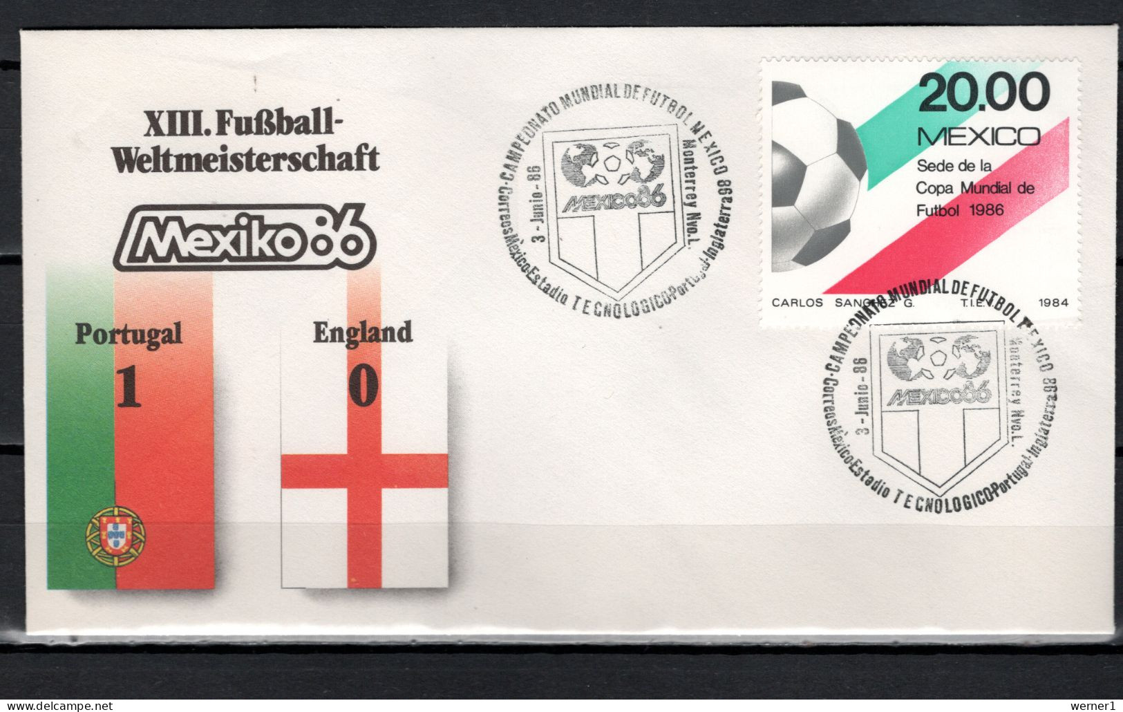 Mexico 1986 Football Soccer World Cup Commemorative Cover Match Portugal - England 1 : 0 - 1986 – Mexique
