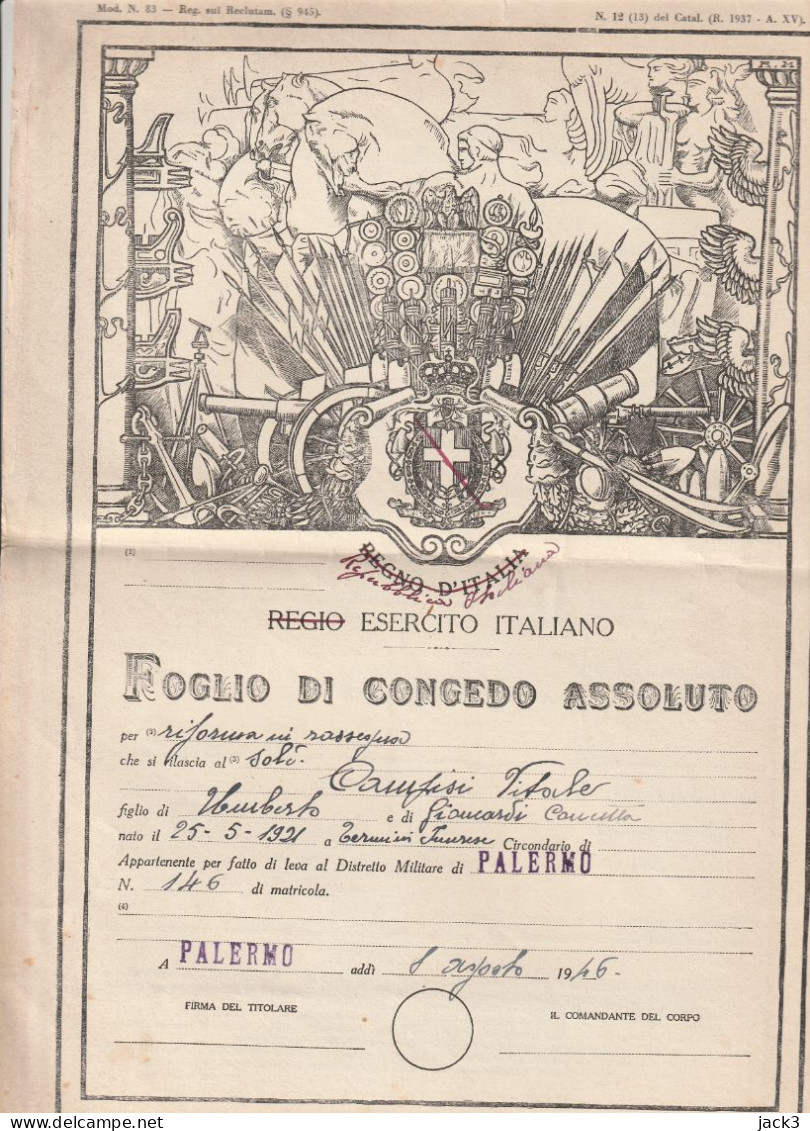 FOGLIO DI CONGEDO ASSOLUTO - ESERCITO ITALIANO - TERMINI IMERESE (PALERMO)  1946 - Documentos