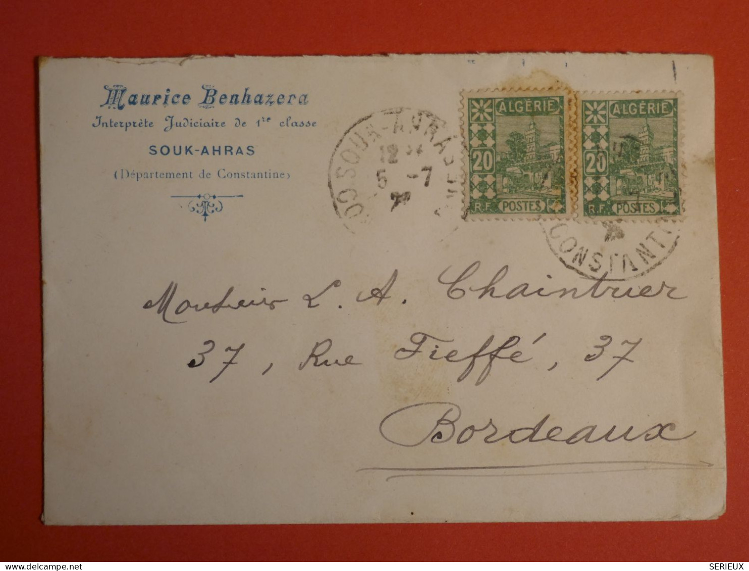 DO 1  ALGERIE   BELLE  LETTRE 1926 PETIT BUREAU SOUK AHRAS   A  BORDEAUX  FRANCE  + + AFF. INTERESSANT +++ - Storia Postale