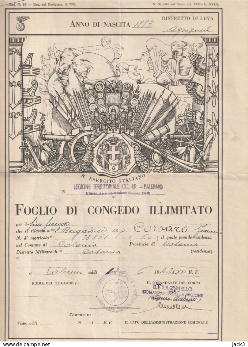 FOGLIO DI CONGEDO ILLIMITATO - ORGANIZZAZIONE TERRITORIALE DELL'ARMA DEI CARABINIERI - CATANIA  1943 - Documents