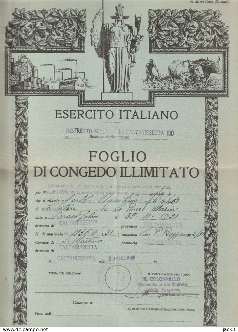 FOGLIO DI CONGEDO ILLIMITATO - ESERCITO ITALIANO - DISTRETTO MILITARE DI CALTANISSETTA  1948 - Documents