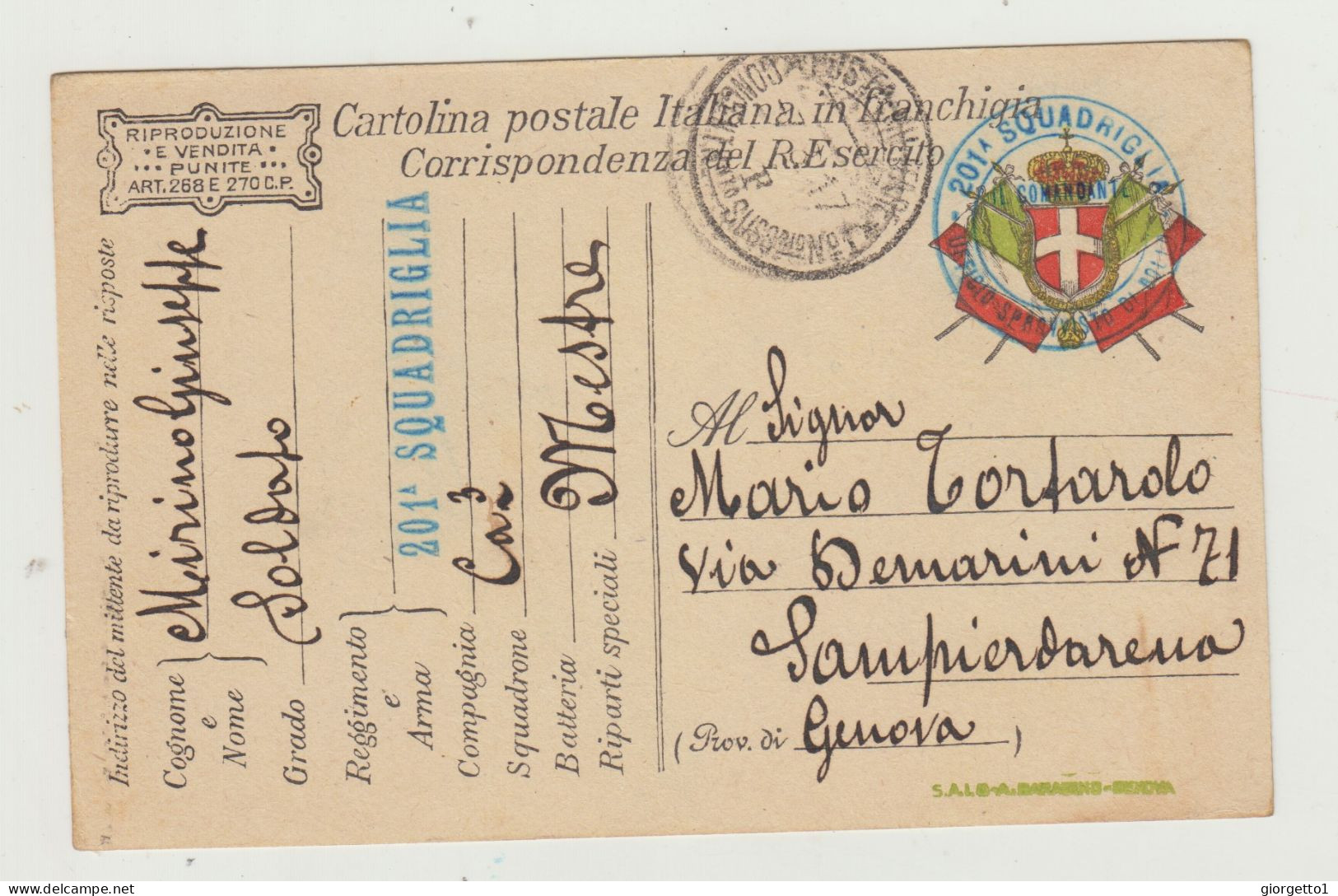 FRANCHIGIA POSTA MILITARE DEL 1917 - ANNULLO 201 SQADRIGLIA VERSO GENOVA WW1 - Portofreiheit