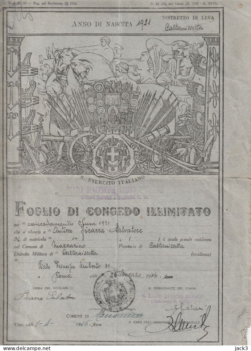 FOGLIO DI CONGEDO ILLIMITATO - STATO MAGGIORE REGIO ESERCITO - MAZZARINO (CALTANISSETTA)  1946 - Documentos
