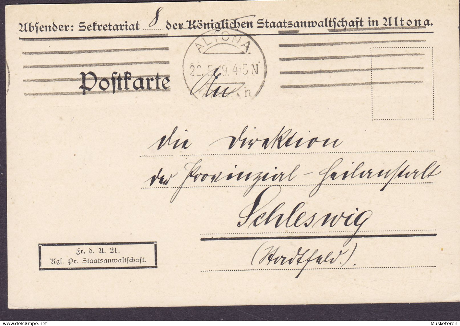 Deutsches Reich KGL. PREUSSISCHE STAATSANWALTSCHAFT, ALTONA 1919 Card Karte SCHLESWIG Dienstsache - Dienstzegels