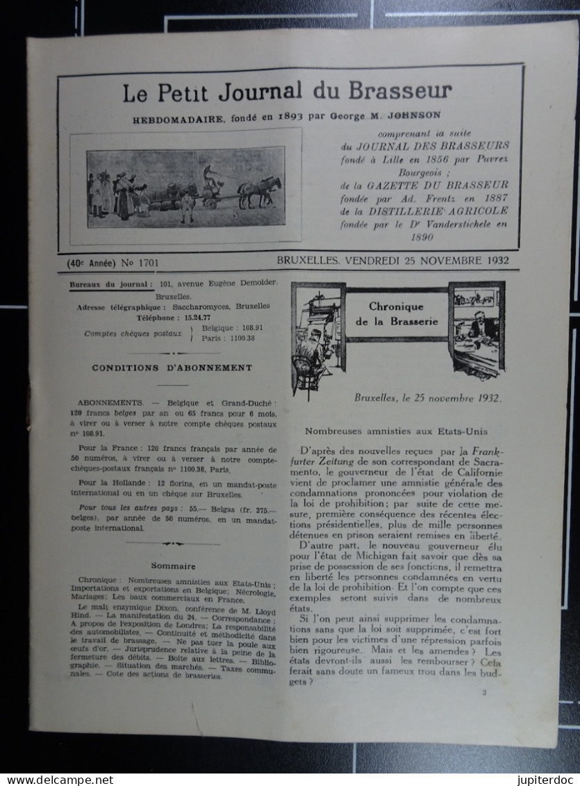 Le Petit Journal Du Brasseur N° 1701 De 1932 Pages 1270 à 1292 Brasserie Belgique Bières Publicité Matériel Brassage - 1900 - 1949