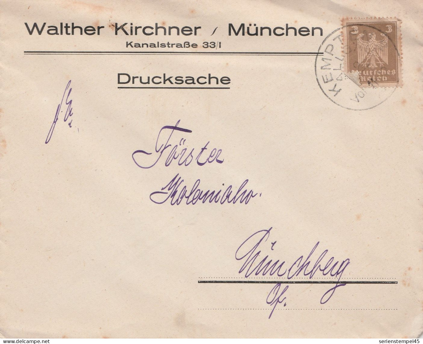 Deutsches Reich Firmen Brief Kempten 1924 Drucksache Walther Kirchner München - Lettres & Documents