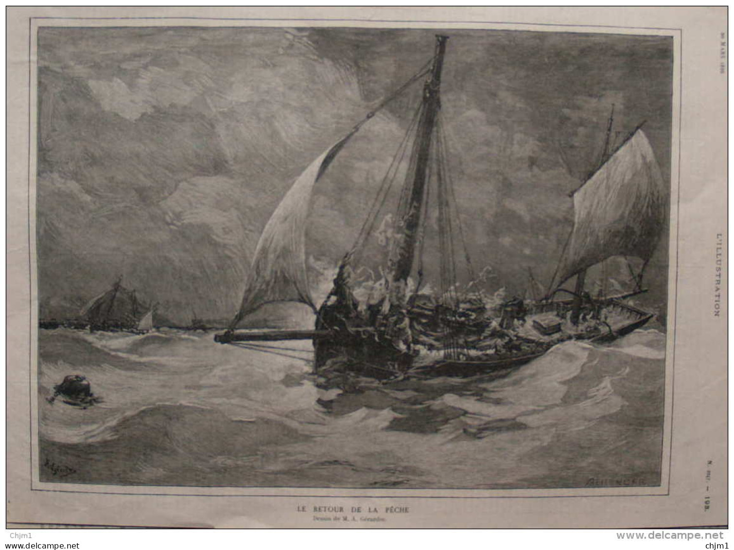 Le Retour De La Pêche - Dessin De M. A. Gérardin - Page Original - 1886 - Documents Historiques