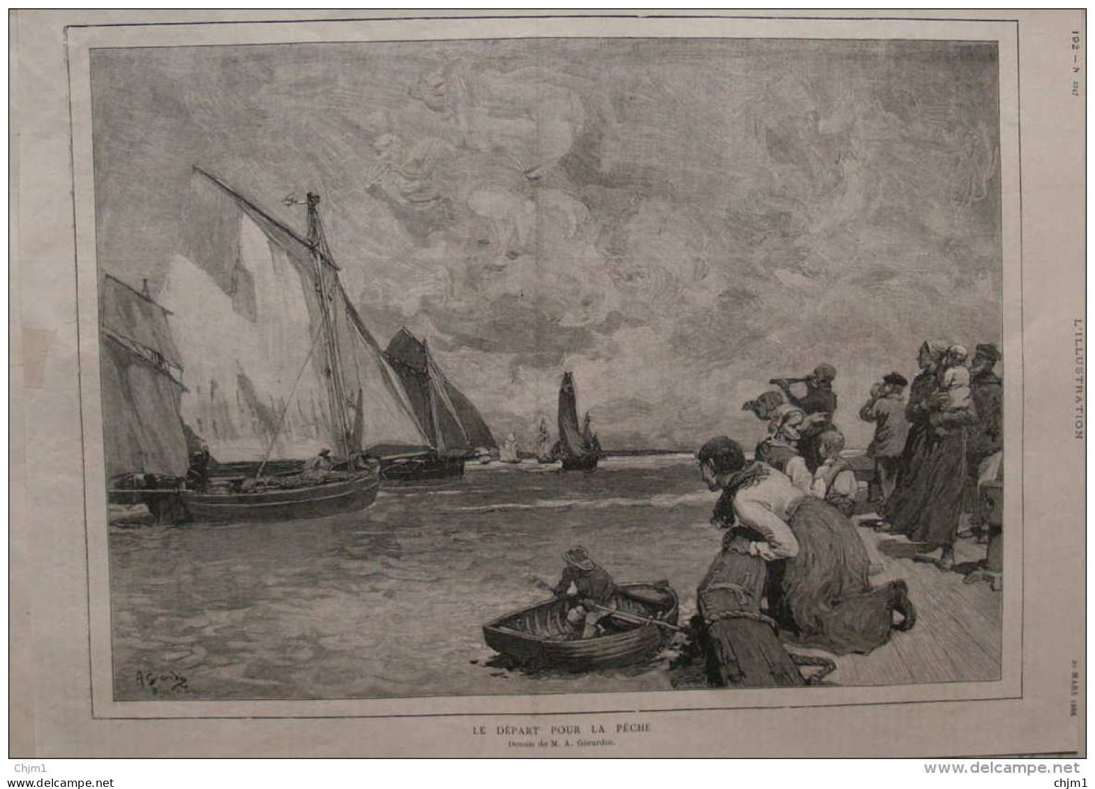 Le Départ Pour La Pêche - Dessin De M. A. Gérardin - Page Original - 1886 - Historical Documents