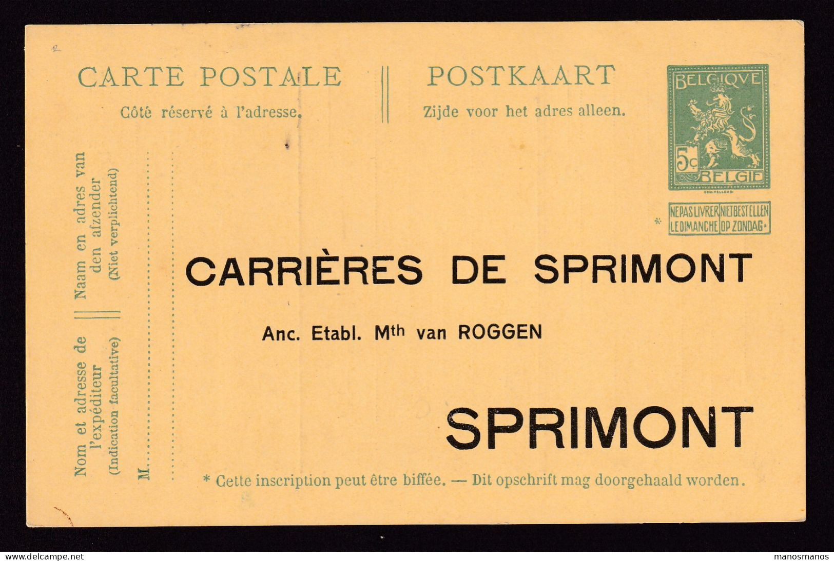 122/41 - Entier Carte Postale Pellens - Repiquage Carrières De SPRIMONT - Etat Neuf - Postkarten 1909-1934