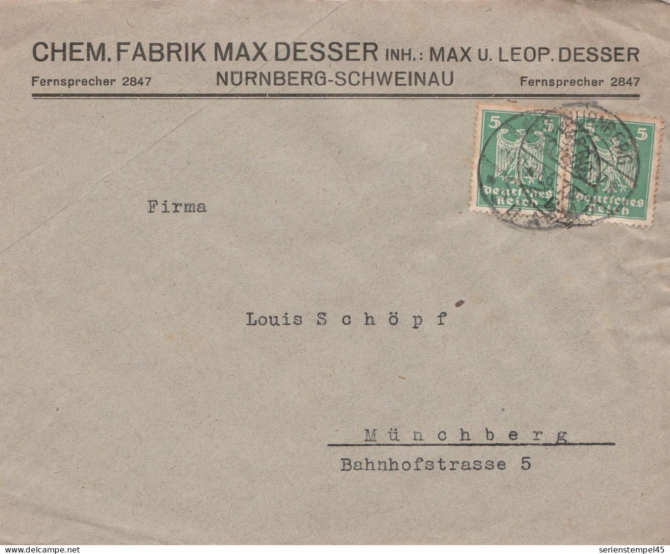 Deutsches Reich Firmen Brief Nürnberg 1924 Nürnberg Schweinau Chem. Fabrik Max Desser - Briefe U. Dokumente
