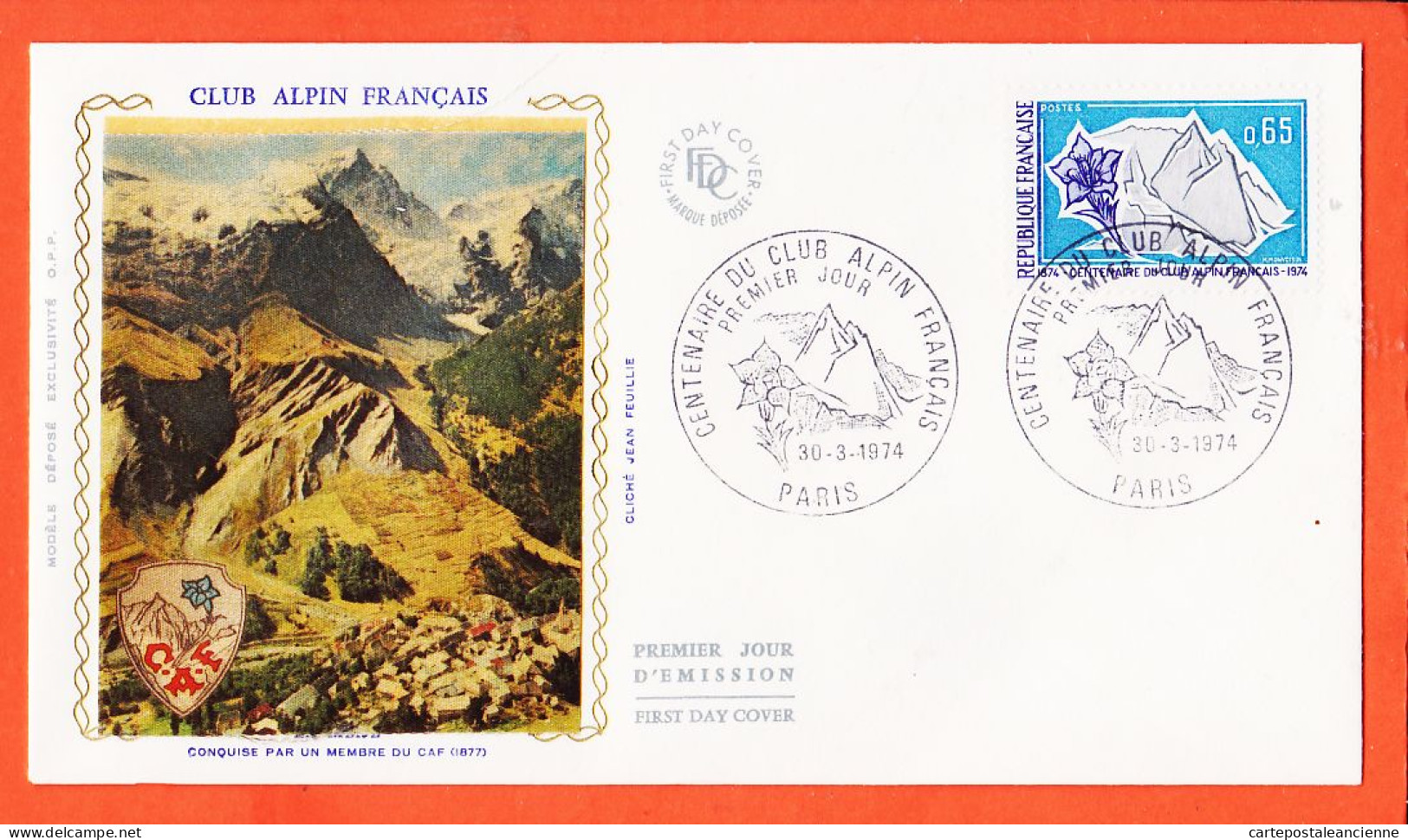 22399 / ⭐ FDC Soie Club Centenaire Alpin Français Cliché Jean FEUILLIE Premier 1er Jour Emission PARIS 30-03-1974 F.D.C - 1970-1979