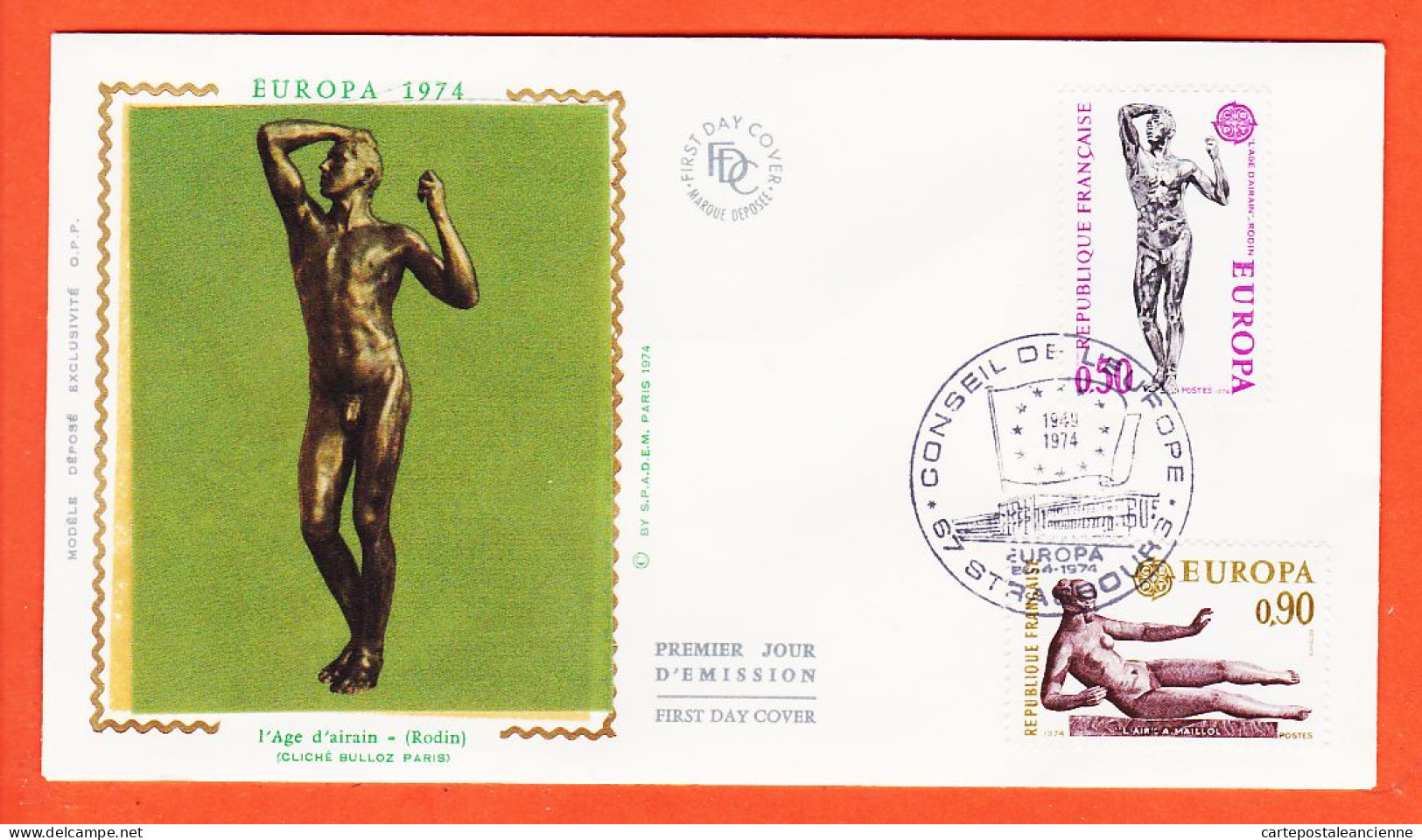 22397 / ⭐ FDC Soie Age Airain RODIN Conseil Europe EUROPA CEPT Premier 1er Jour Emission STRASBOURG 1974 F.D.C First Day - 1970-1979