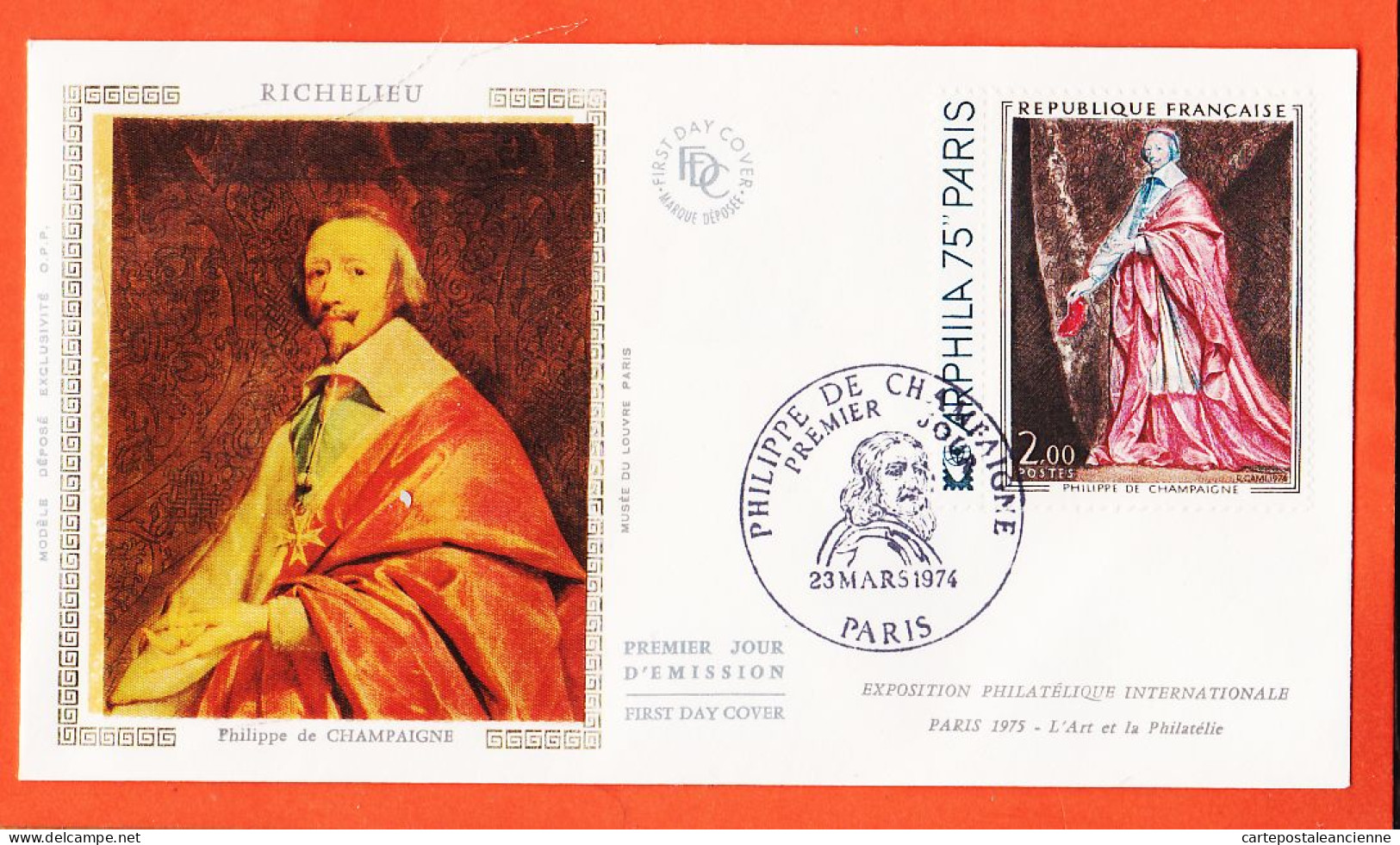 22400 / ⭐ FDC Soie RICHELIEU Philippe De CHAMPAIGNE Musée LOUVRE Premier 1er Jour Emission PARIS 23-03-1974 F.D.C - 1970-1979