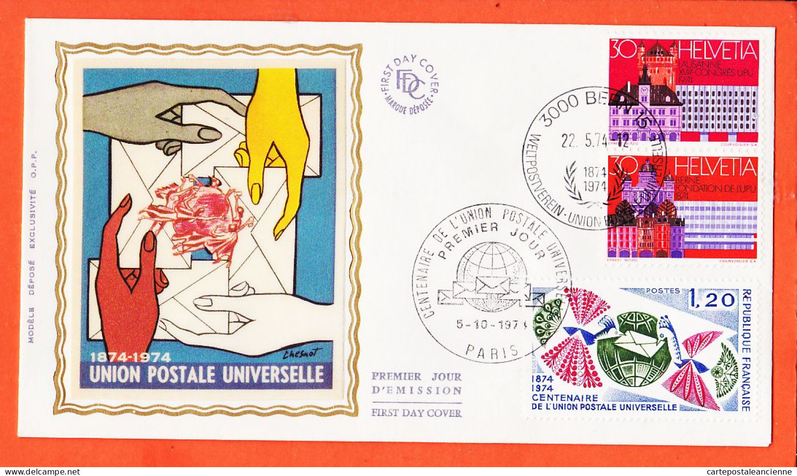 22390 / ⭐ FDC Soie Centenaire Union Postale Universelle 1874-1974 Par CHESNOT Premier 1er Jour PARIS 05-10-1974 F.D.C - 1970-1979