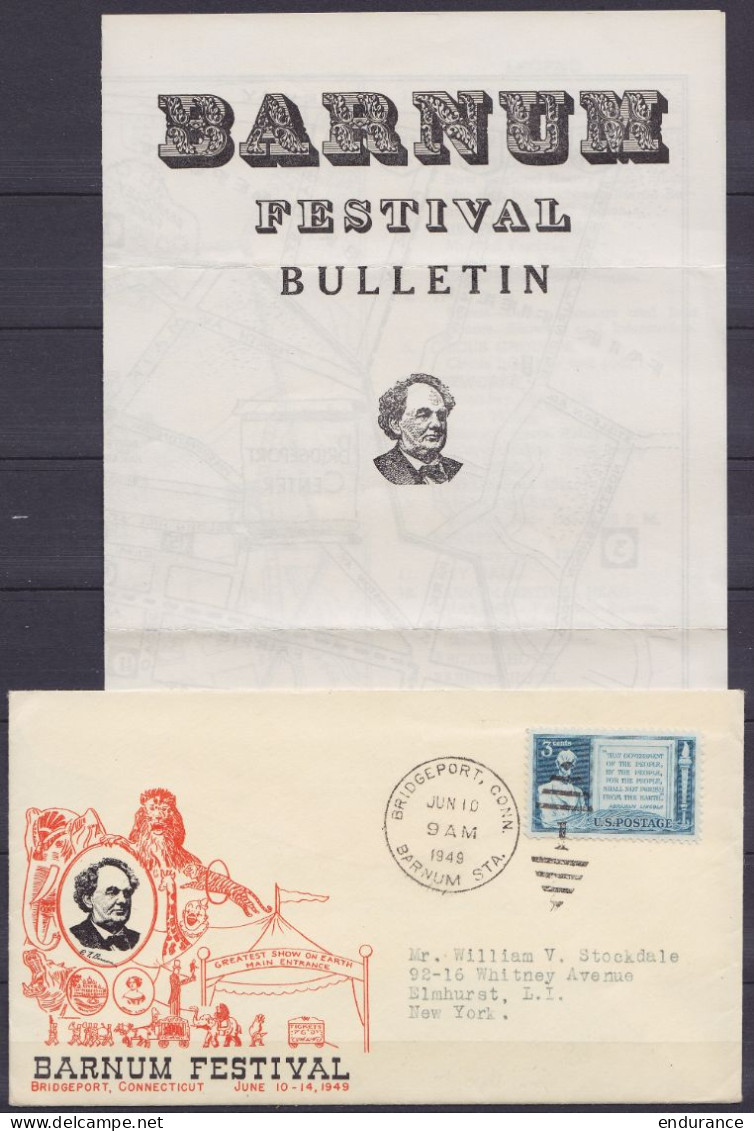 USA - Programme + Env. Cirque "Barnum Festival" Affr. 3c Càd "BRIDGEPORT Conn. /JUN 10 1949/ BARNUM STA." Pour ELMHUSRT  - Lettres & Documents
