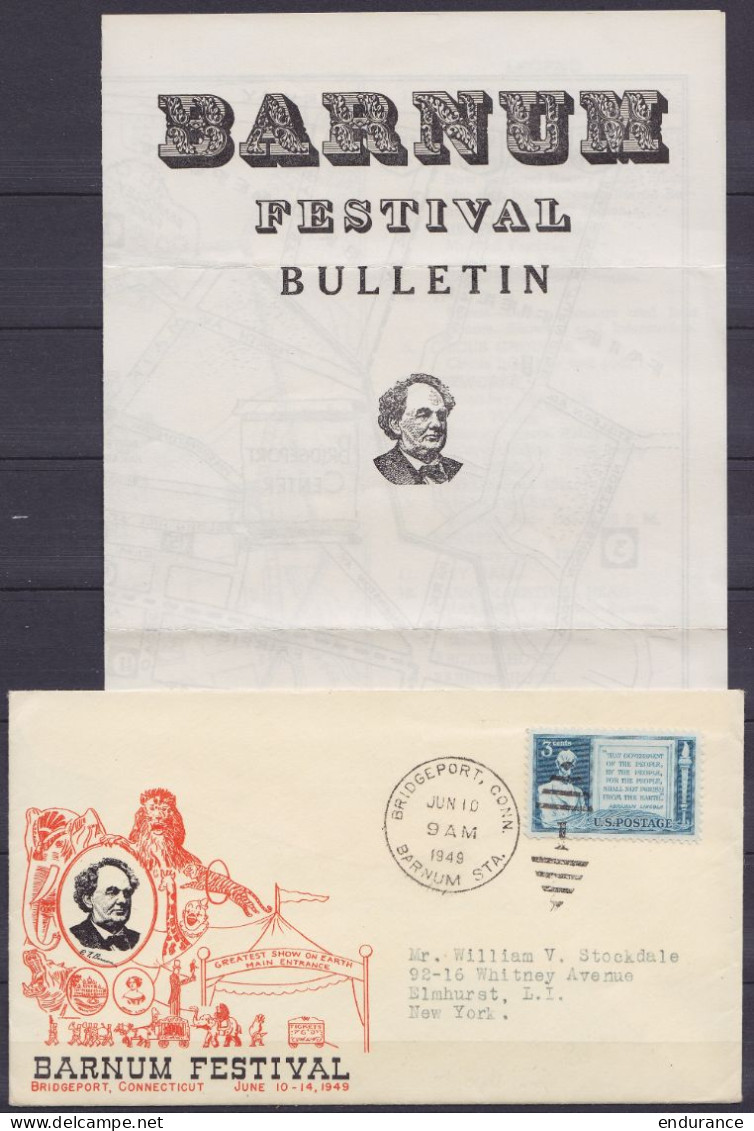 USA - Programme + Env. Cirque "Barnum Festival" Affr. 3c Càd "BRIDGEPORT Conn. /JUN 10 1949/ BARNUM STA." Pour ELMHUSRT  - Cartas & Documentos