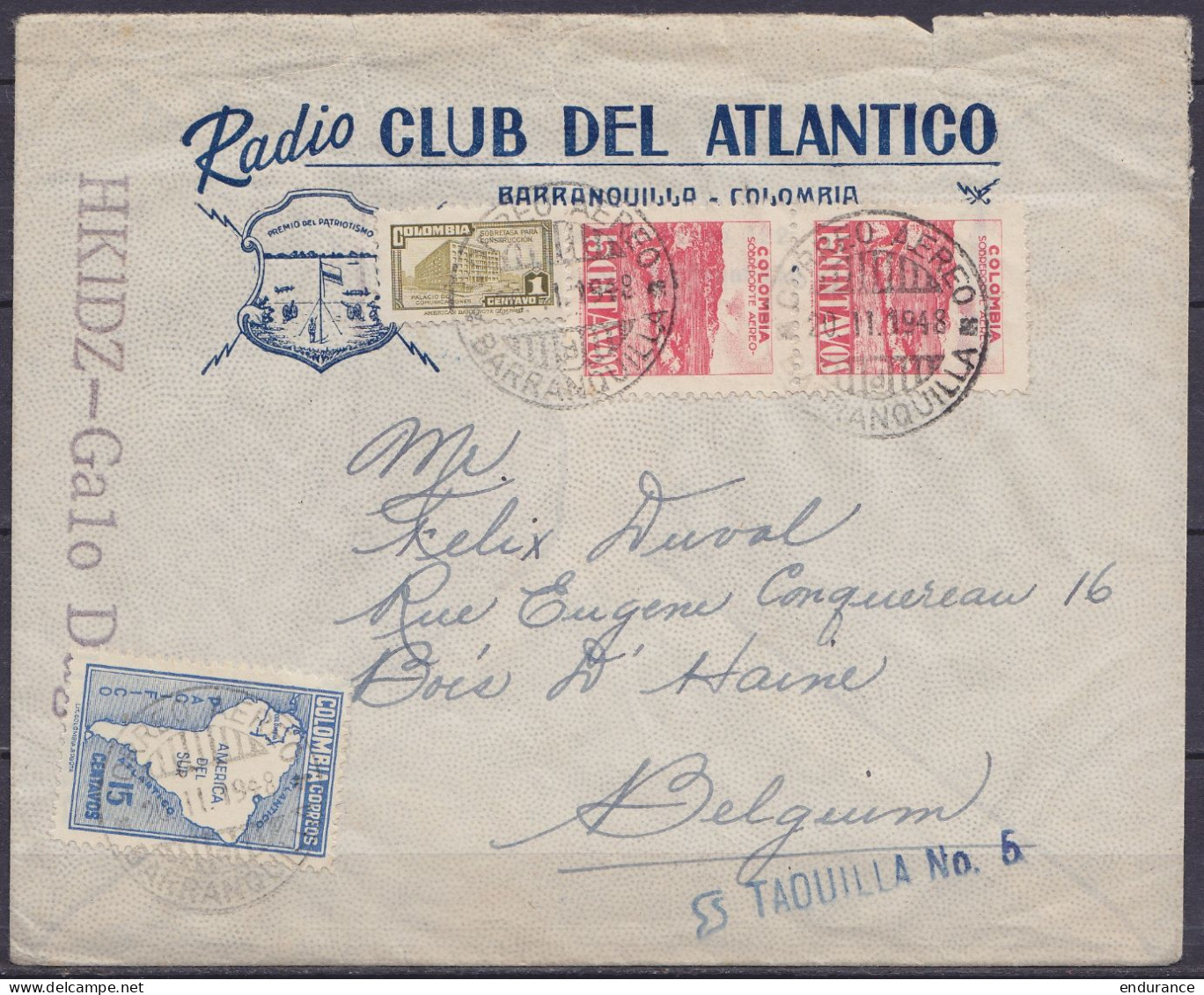 Colombie -  Env. "Radio Club Del Atlantico" Affr. 46 Ctv Càpt "CORREO AEREO /20.11.1948/ BARANQUILLA" Pour BOIS D'HAINE  - Kolumbien