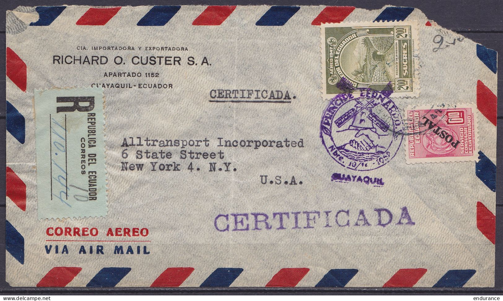 Equateur - Env. Par Avion Recommandée Affr. 2,10S Càd (illustré Moulin à Vent) "PRINCIPE BERNARDO /Nbre 10 1952/ GUAYAQU - Ecuador