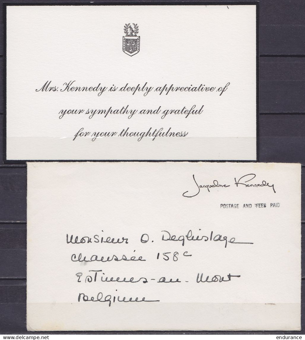 USA - Env. + Carte De Remerciement En Franchise Postale De Mrs. Jacqueline Kennedy 1963 Pour ESTINNES-AU-MONT Suite à Co - Lettres & Documents
