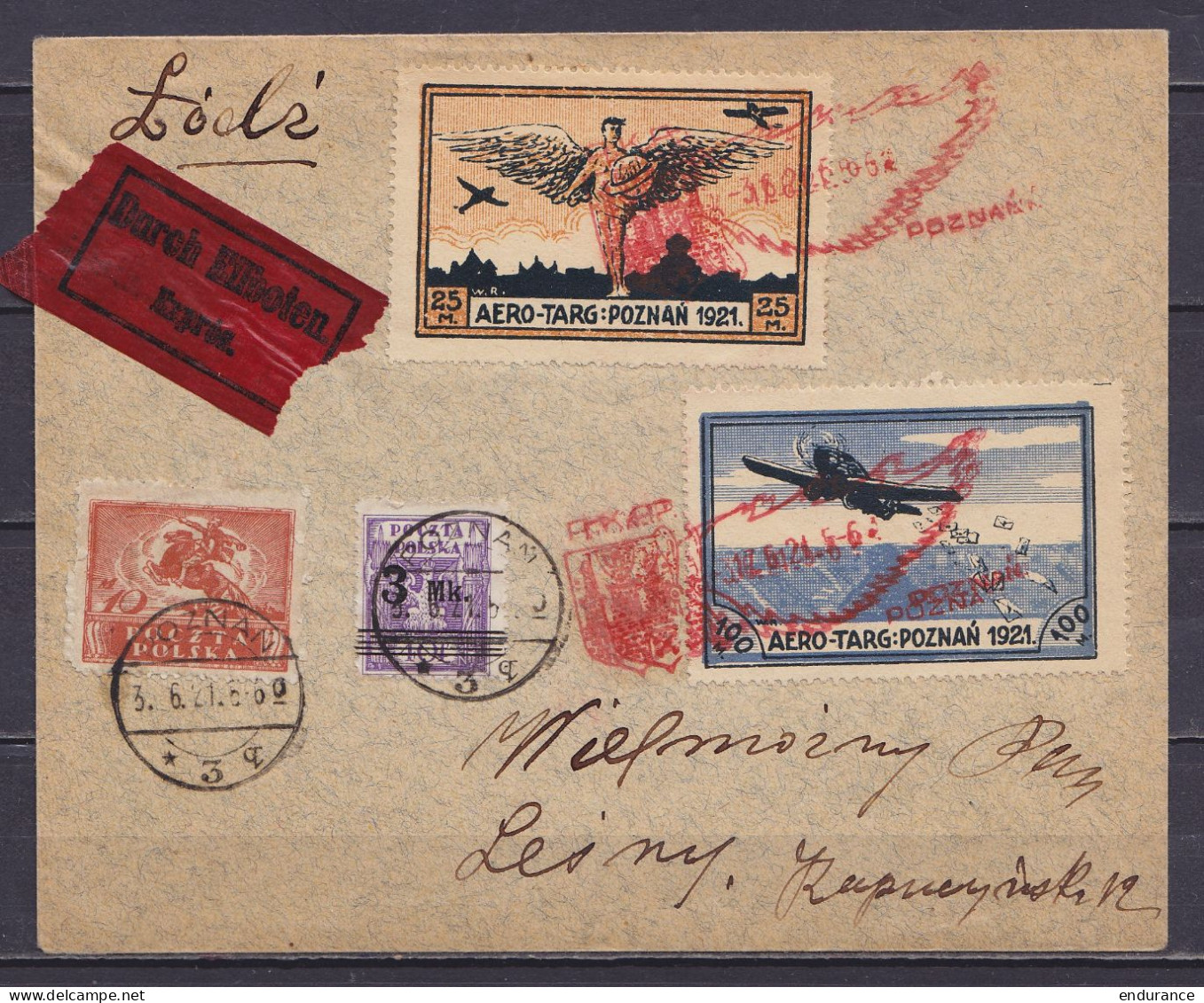 Pologne - Env. En Exprès Affr. 13Mk. Càpt POZNAN /3.6.1921 + Vignettes "AERO-TARG:POZNAN 1921" Oblit. Rouge Illustrées " - Avions